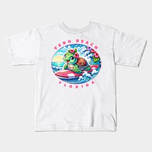 Vero Beach Florida Girls Cute Surfing Sea Turtle Kids T-Shirt